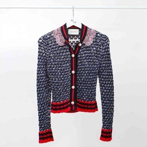 Gucci Metallic Knit Cardigan with Wool Trim